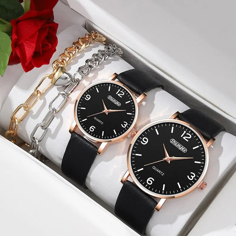 4pcs Couple Quartz Wristwatch Set Couple Fashion Black Leather Strap Quartz Watch Luxury Chain Gold Silver Bracelet Set