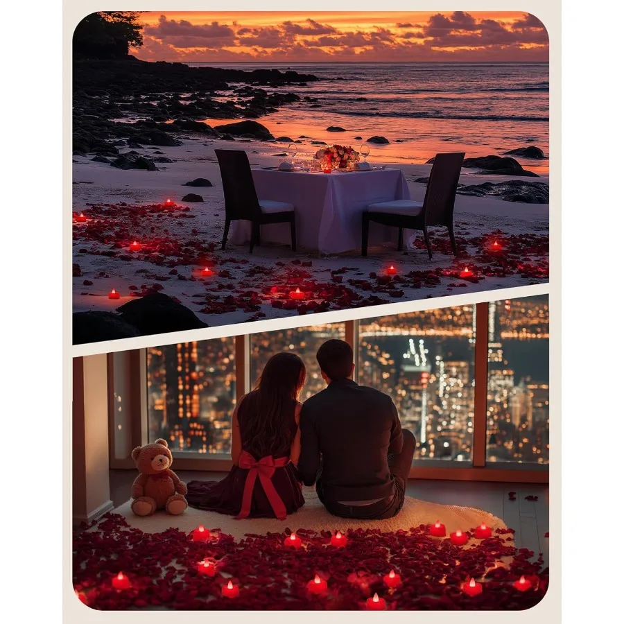 1000 peças de pétalas de rosa artificiais vermelhas com 12 coração vermelho LED luzes de chá pétalas de rosa e conjunto de velas para proposta de aniversário Ro
