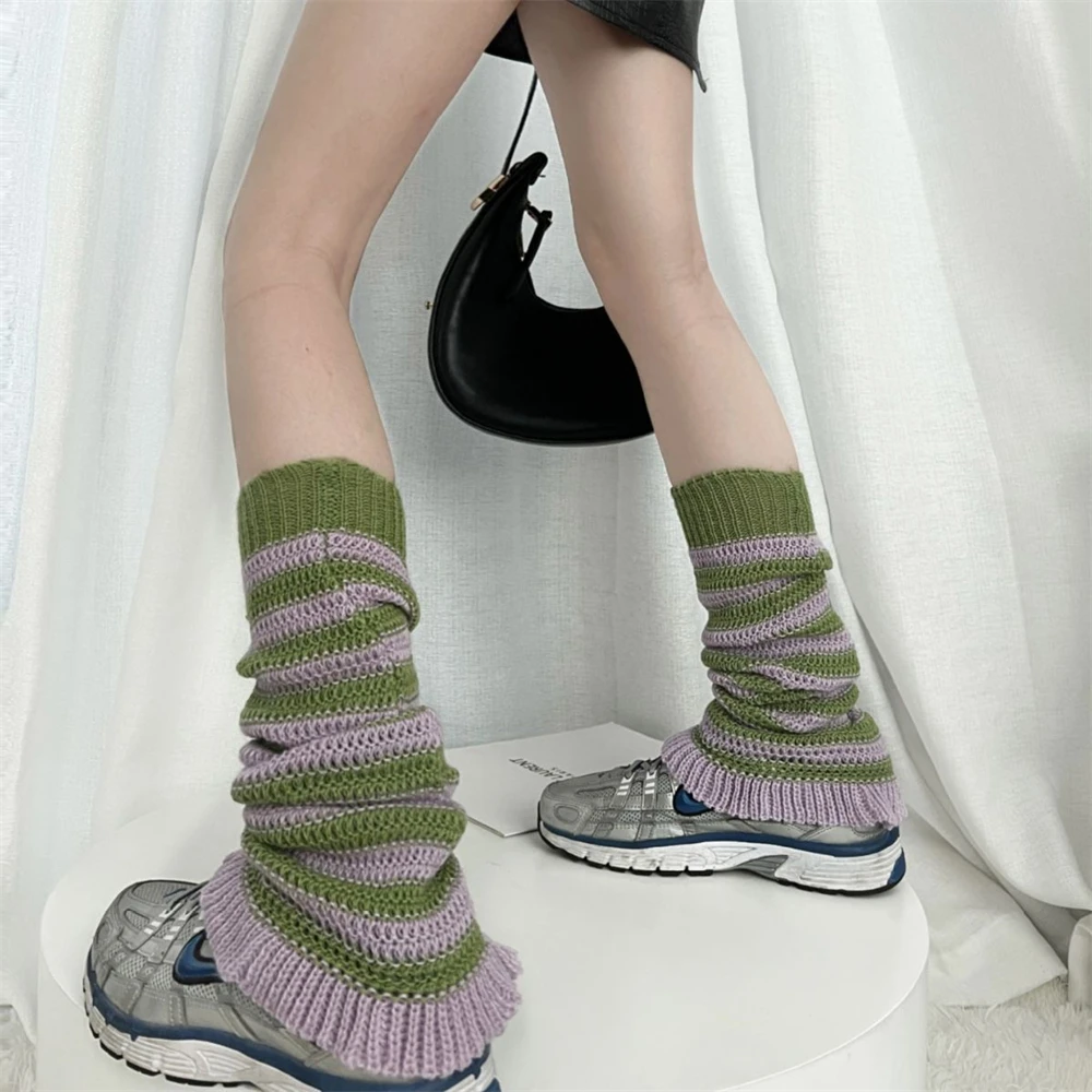 

Vintage Knitted Leg Warmers Colorful Striped Hollow Stocking Coverings Y2k Sweet Medium Tube Socks Women's Japanese Boot Cuff