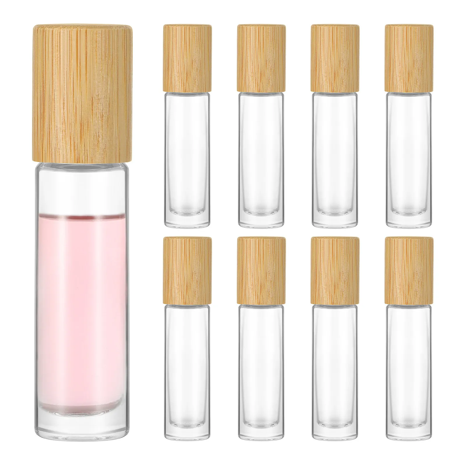 

10Pcs Bamboo Lid Glass Roller Bottles Portable Travel Refillable Perfume Essential Oil Roll on Bottles Leak Resistant