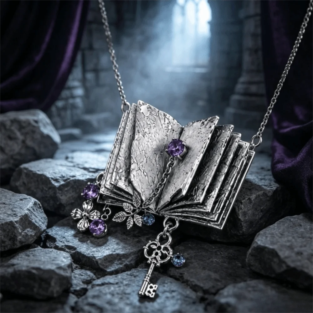 Dreamy Purple Book Pendant Necklace Floral Leaf Antique Vintage Necklace Chic Design Retro Key Necklace Medieval Themed