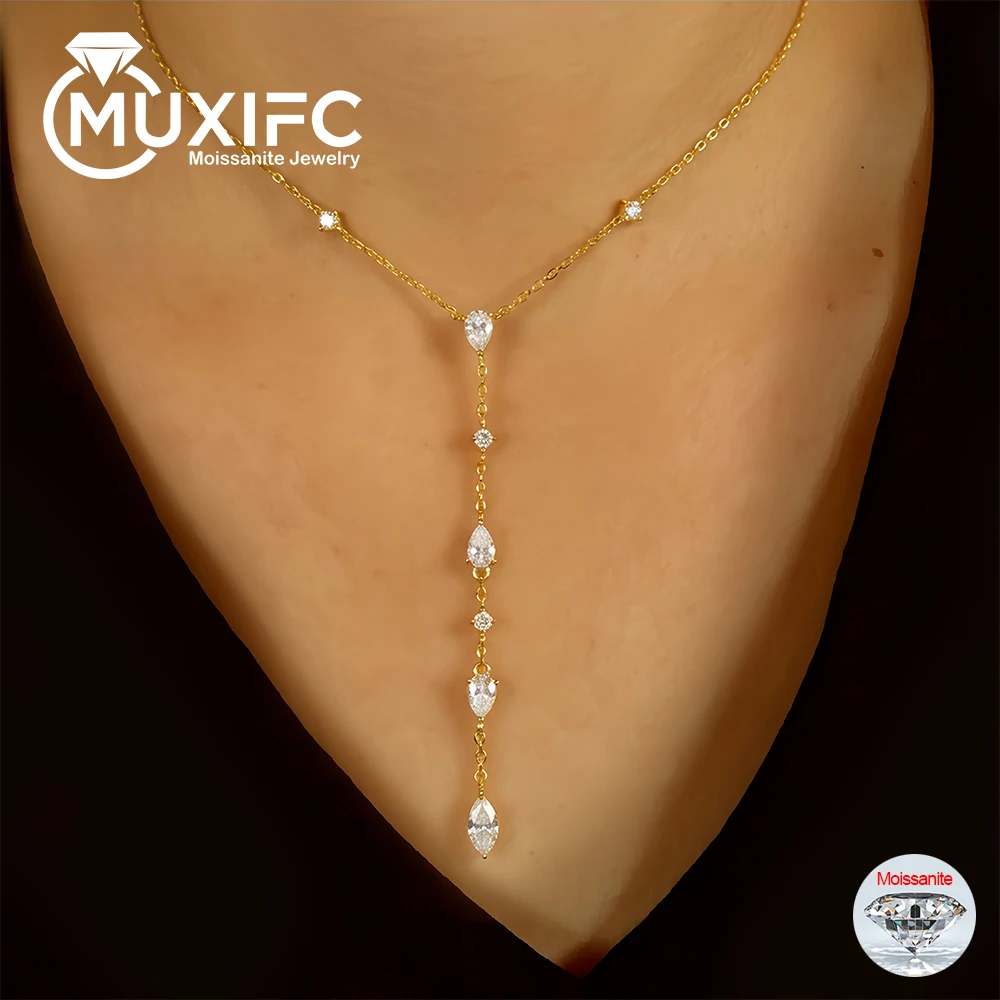 2.4cttw Multi Shape All Moissanite Pendant Neclace with Certified S925 Silver Pear Cut Diamond Long Tassel Neckchain for Women