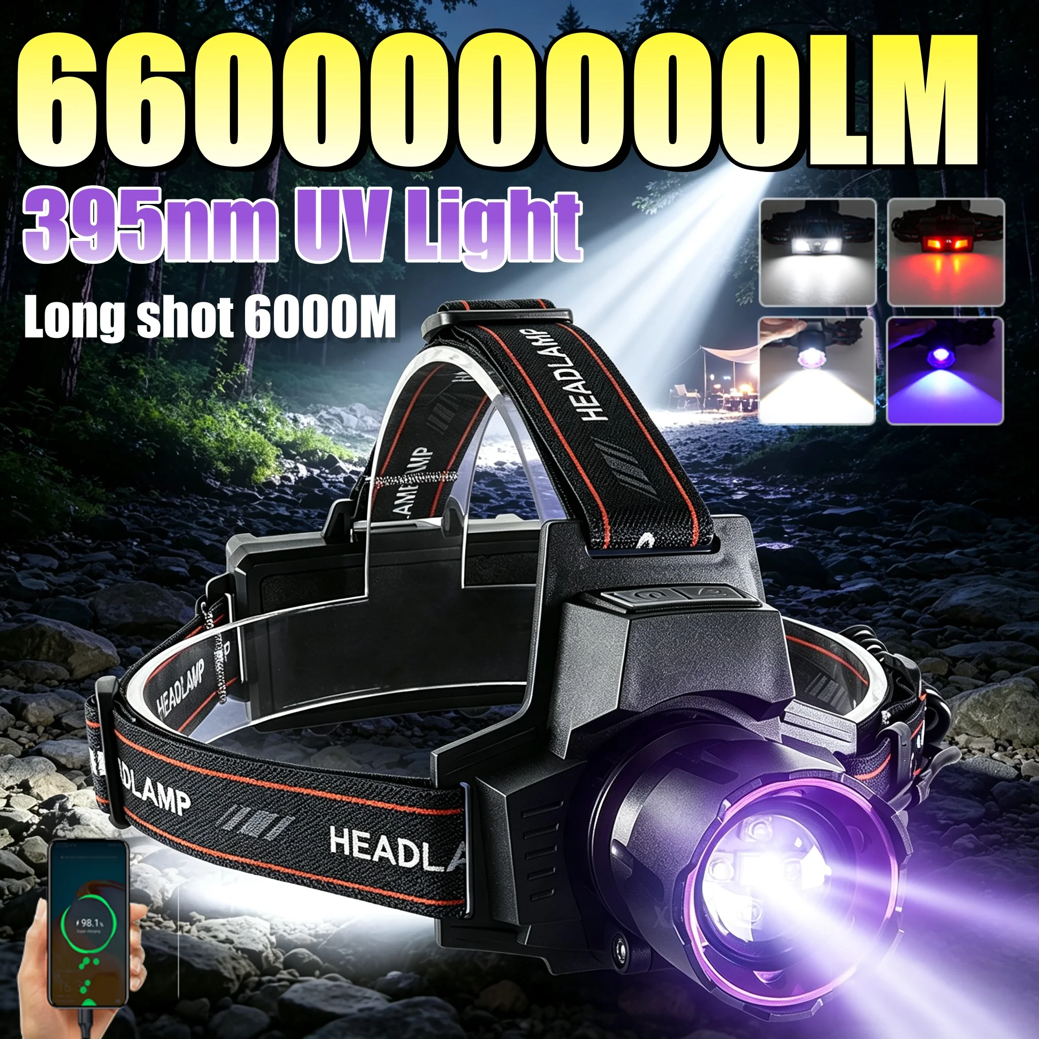 660000000LM Super Bright Headlamp 395nm UV Head Torch Zoomable Headlight Rechargeable LED Front Lamp For Camping Hunting Fishing
