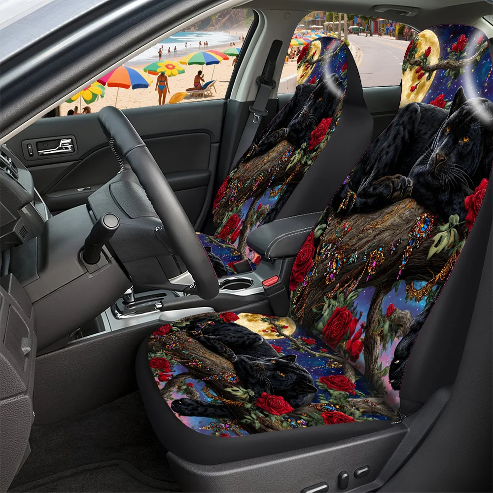2-5 Seat Set Car Seat Covers Premium Black Panther Rose Print All Weather Fit For Truck SUV Off-road Car Festive Holiday Hallow