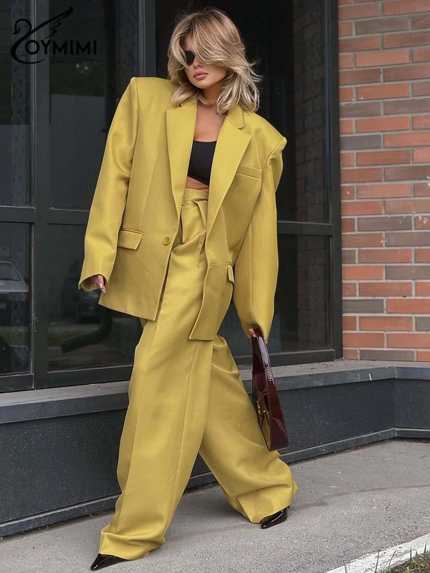 Oymimi Elegant Yellow Sets Womens 2 Piece Fashion Long Sleeve Pockets Single Button Blazers And Simple Straight Trousers Sets
