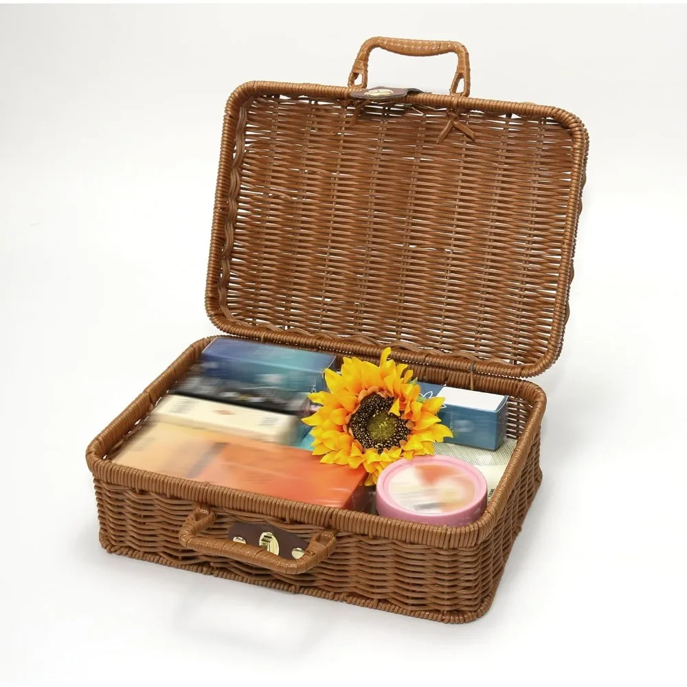 صندوق تخزين من الخيزران العتيق مع قفل معدني، سلة نزهة من الخوص للسفر والتخييم ومنظم مكياج الحفلات الخارجية