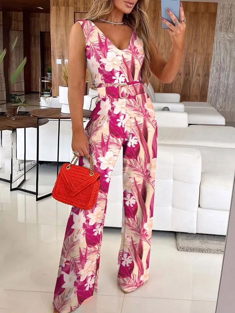 2025 Women Printing Deep V-Neck Sleeveless Jumpsuits Casual Sashes Wide Leg Pants Simple Ladies Playsuit Streetwear Dropshipping