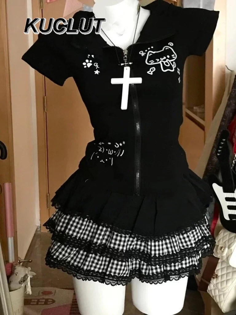 

Women's 2 Piece Sets Y2k Japanese Style Sweet Cute Subculture Cat Ears Slim Hooded Short Sleeve Top Cake Skirt Set Summer