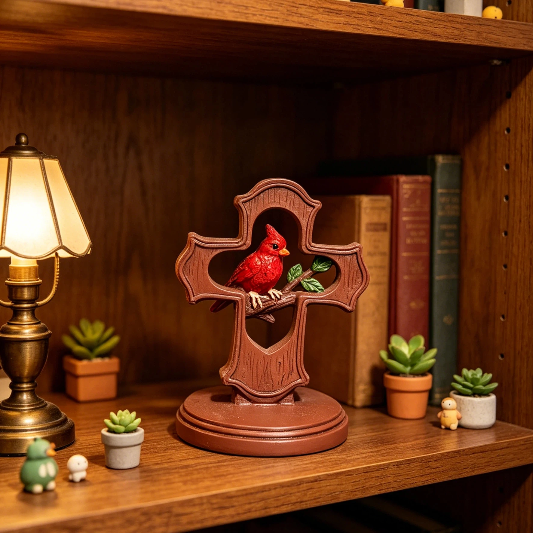 Red Cardinal Bird Cross Resin Statue Ornament, Church Chapel Tabletop Decoration Craft, Christian Home Prayer Corner Decor, Remembrance of the Deceased Memorial Ornament, Heartfelt Holiday Gift, American Retro Faux Woo