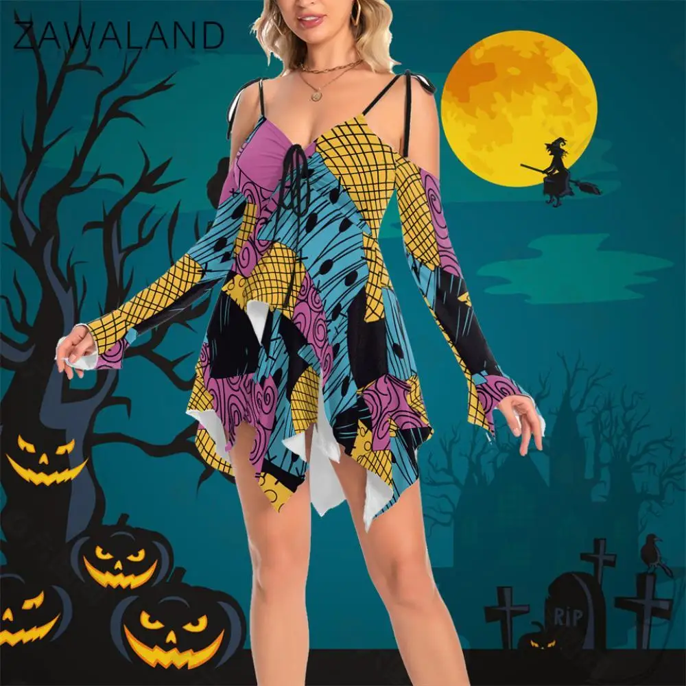 Zawaland Halloween Clown Dresses Cosplay Costumes for Women 3D Printing Irregular Dresses Female Party Halter Dress Clothing