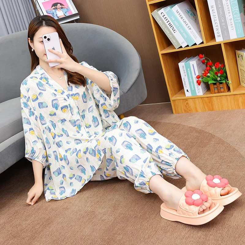 

Spring And Summer Thin Loose Fitting Mid Sleeved Long Pants Set For Home Use, Can Be Worn As An Outerwear