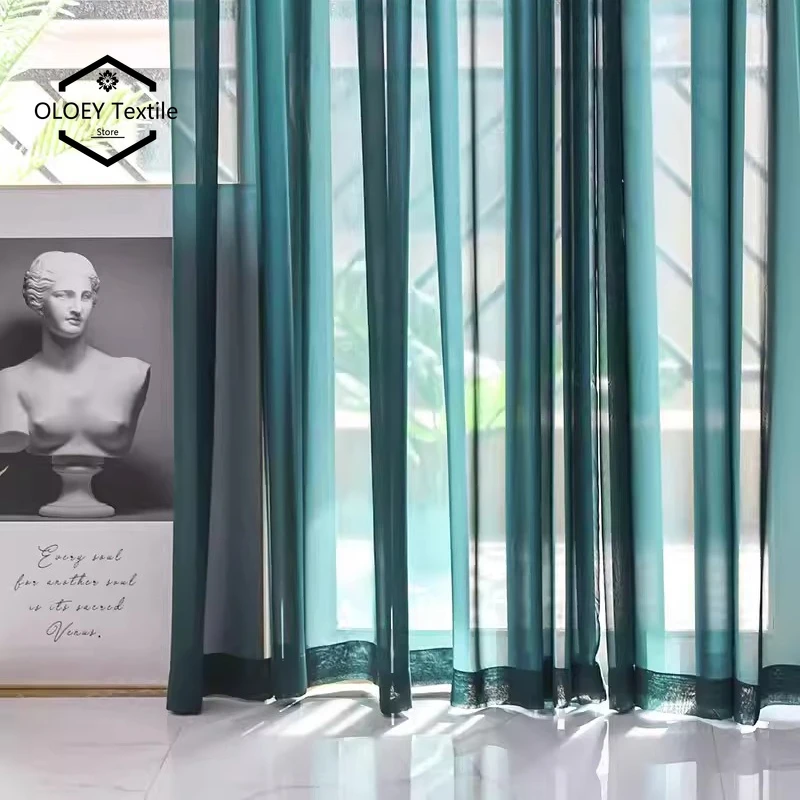 Custom Size Silky Smooth Dark Green Sheer Curtains Satin Texture Elegant Flowing Drape Anti-Snag Simple Atmospheric Design
