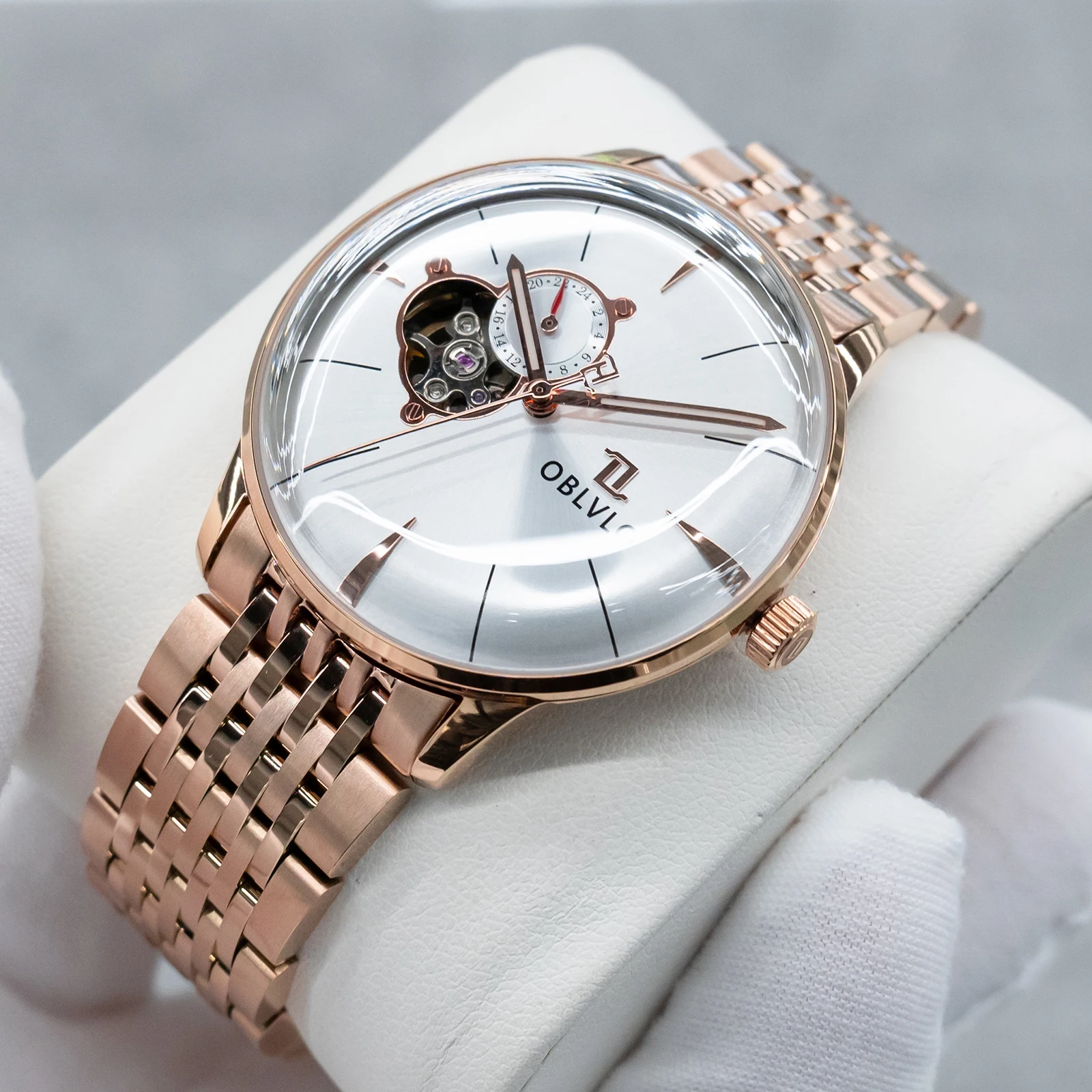 OBLVLO Men's Luxury Skeleton Automatic Mechanical Watch Rose Gold Self-Winding 50m Water Resistant with Bracelet Band NW