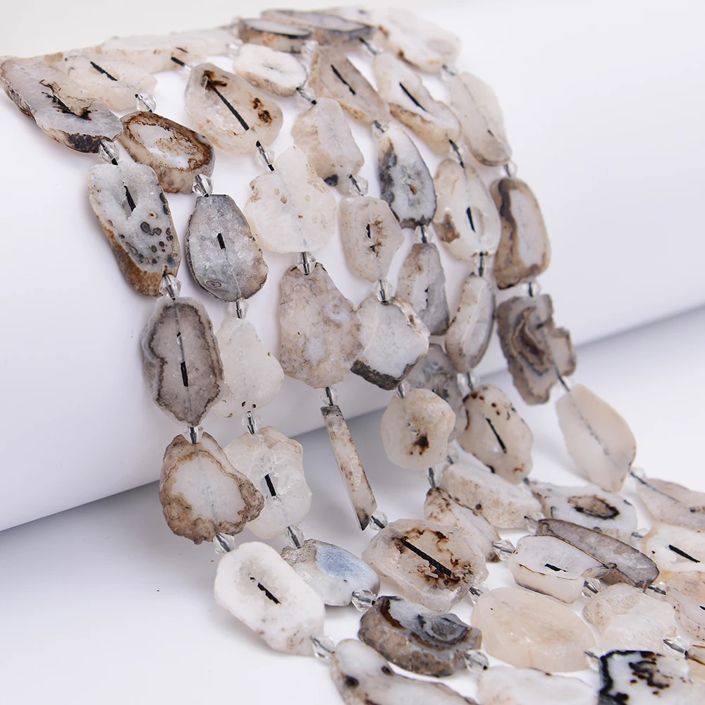APDGG Natural White Agate With Quartz Crystal cave Cutting Rough Slice Loose Pendant Beads 15.5'' Strand Jewelry DIY