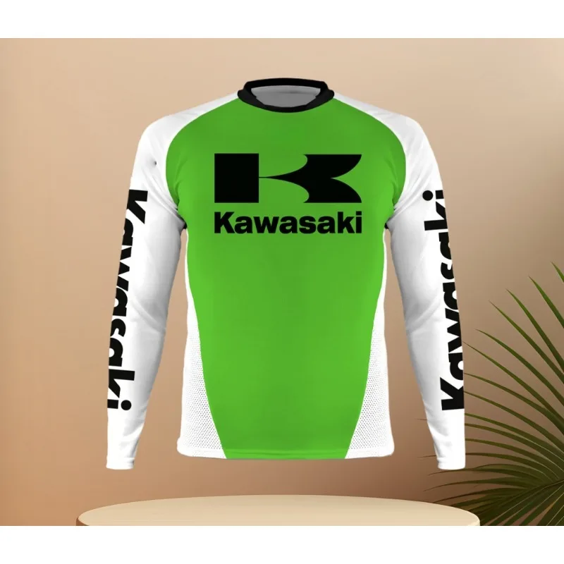 

MOTO-Летняя мужская футболка с круглым вырезом и длинными рукавами Kawasaki, простой дышащий быстросохнущий удобный топ для отдыха на открытом воздухе