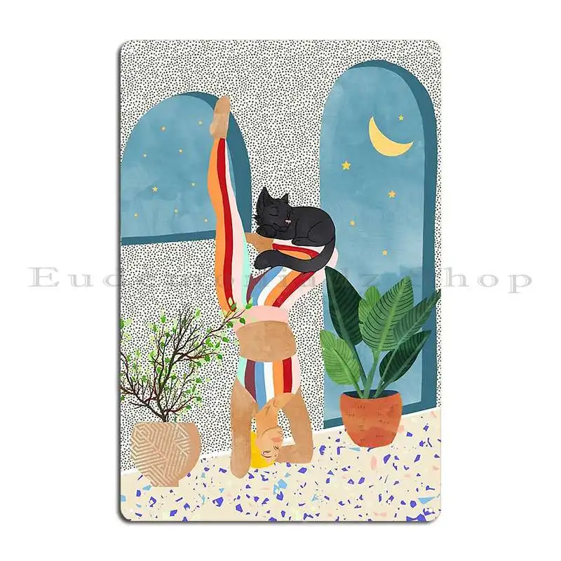 Headstand Cat Yoga Active Woman Workout Eclectic Colorful Pets Terrazzo Metal Sign Design Plaques Bar Cave Tin Sign Poster