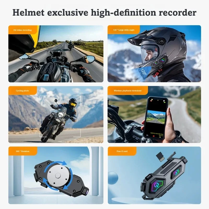 New Motorcycle Helmet Bluetooth Headset 600m Intercom HD Camera Video Recording Helmet Accessories for Cycling Optional TF Card