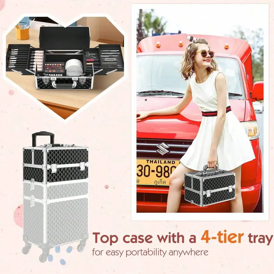 Rolling Makeup Train Case 3 In1 Cosmetic Trolley Organizer Travel Case Lockable Salon Barber Case Traveling Cart Trunk With Deta
