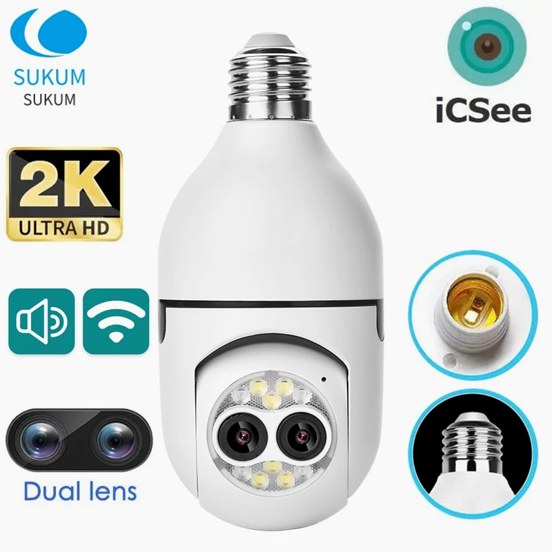 4MP E27 Bulb WIFI Camera Dual Lens 5X Zoom Smart Home Surveillance PTZ Camera Two-way Audio Color Night Vision