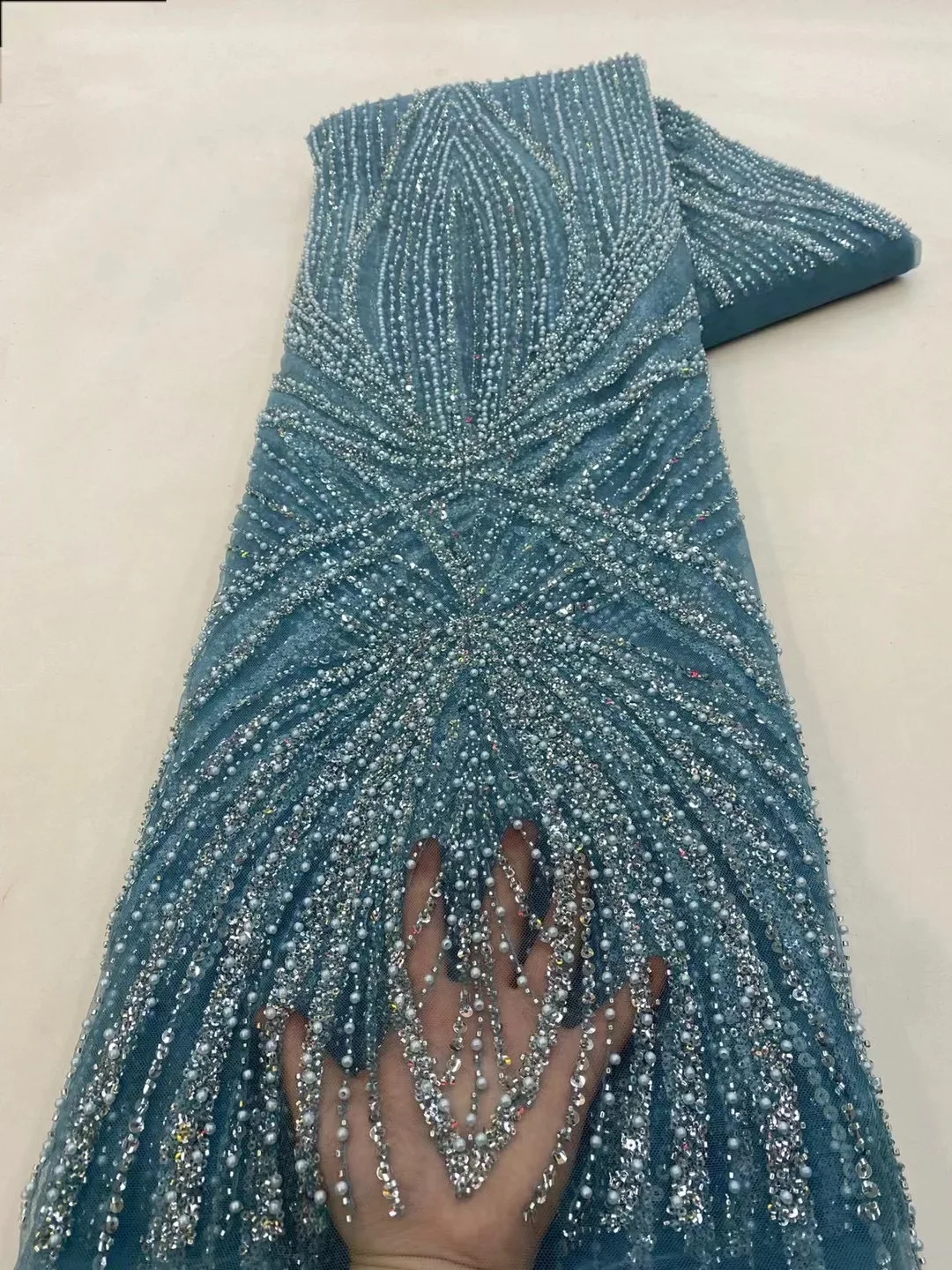 1 yards High Quality African Sequins Pearls Lace Fabric 2026 French Heavy Beaded Tulle for Bridal Party Dresses Nigeria Style