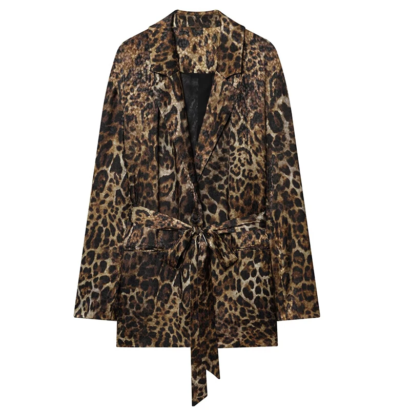 Hxao conjuntos de calças de leopardo 2 peças conjunto vintage longo blazer jaqueta conjunto de duas peças outono formal calças femininas terno cinto conjunto feminino