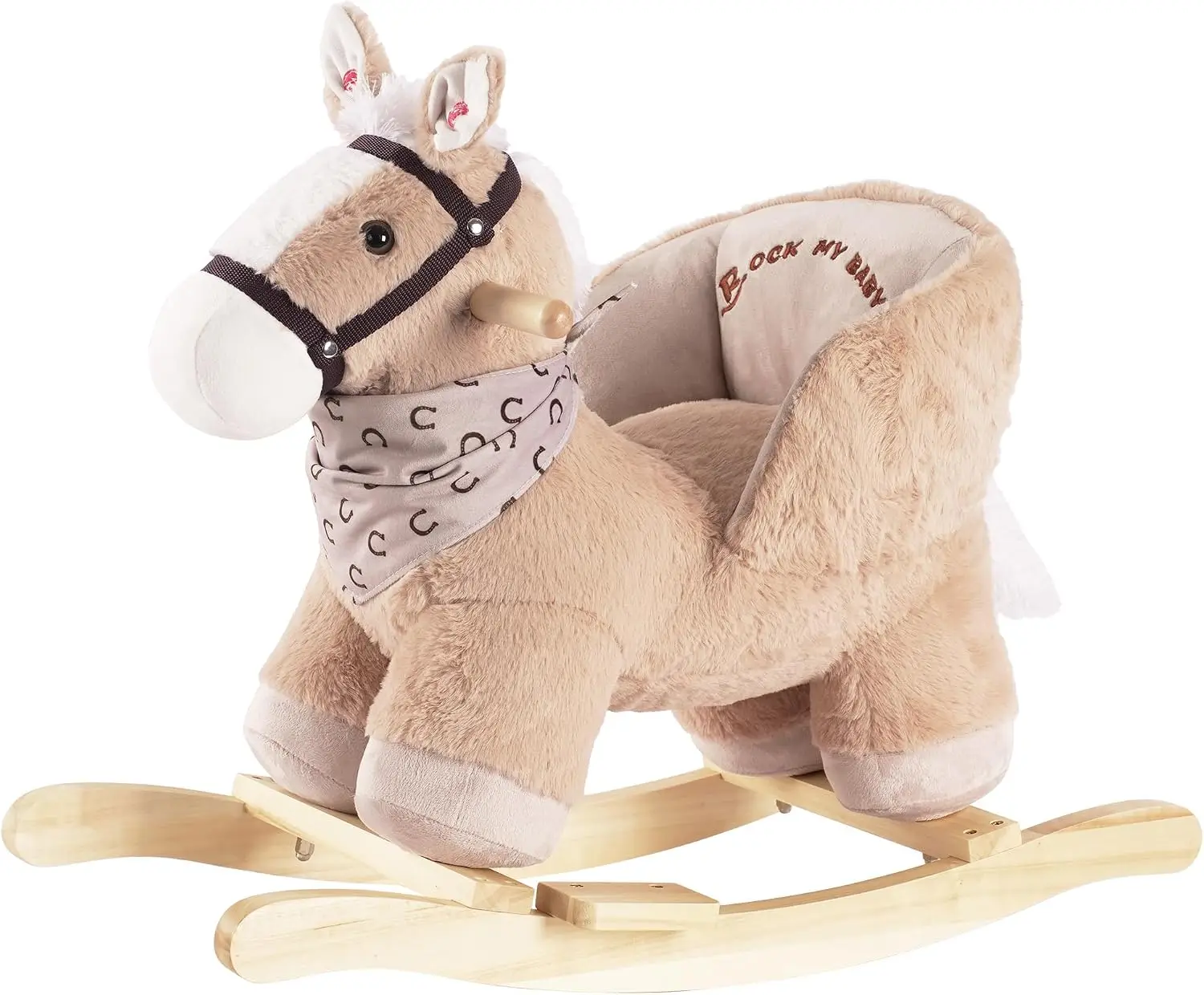 Wooden Plush Rocking Horse with Seat for Toddlers Ages 1-3, Ride-On Rocker with Realistic Sound, Caramel Horse Birthday Gift