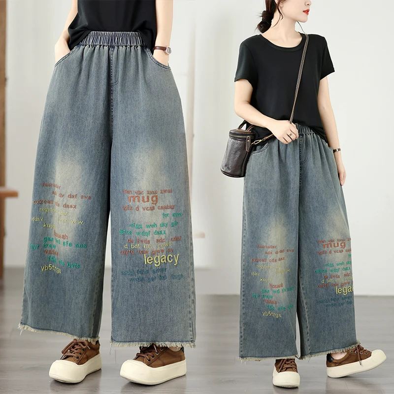 

Loose Fit Casual Fashionable Large Size Printed Hem Harlan Straight Leg Jeans Light Wash Thin Denim High Waist Nine Pounds