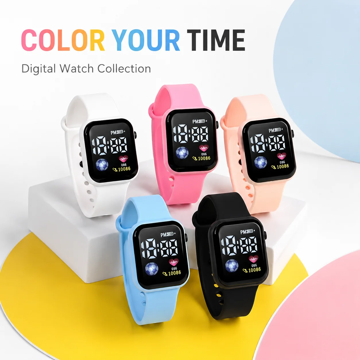 Colorful LED Digital Watch Set Casual Square Dial Wristwatch with Adjustable Strap 5 Color Options for Daily Wear And Gifting