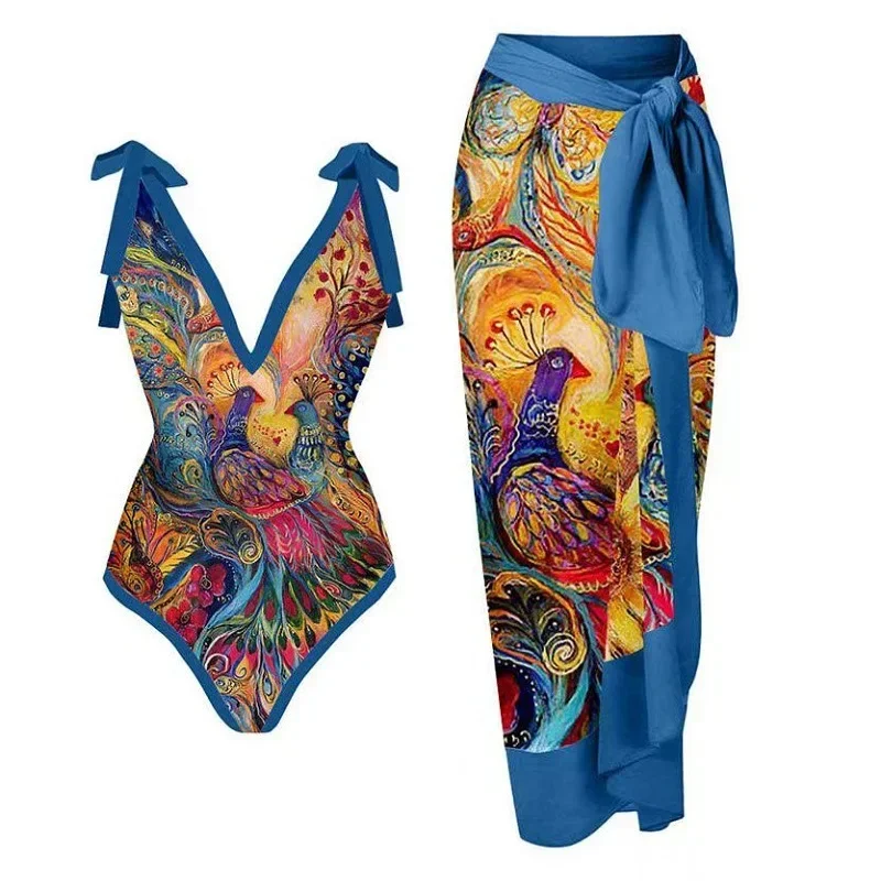 

Peacock Pattern Bikini Swimsuit Set, Retro Holiday Beach Dress, Backless Summer Dress, Elegant Surf Wear