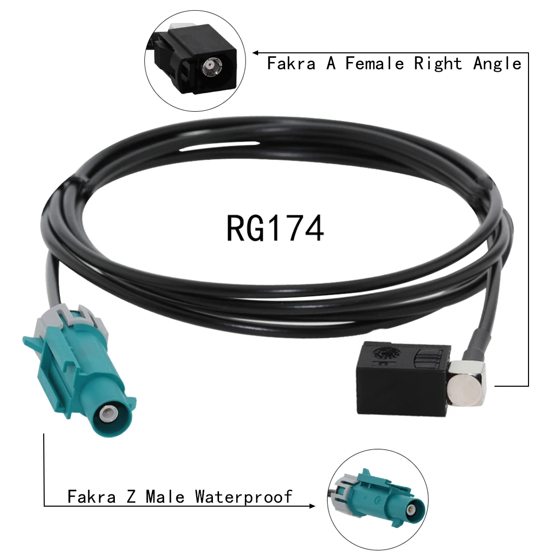 Conector de ángulo recto Fakra A hembra, Color negro A Fakra Z macho, Cable Pigtail impermeable, RG174, 15cm, 1 unidad