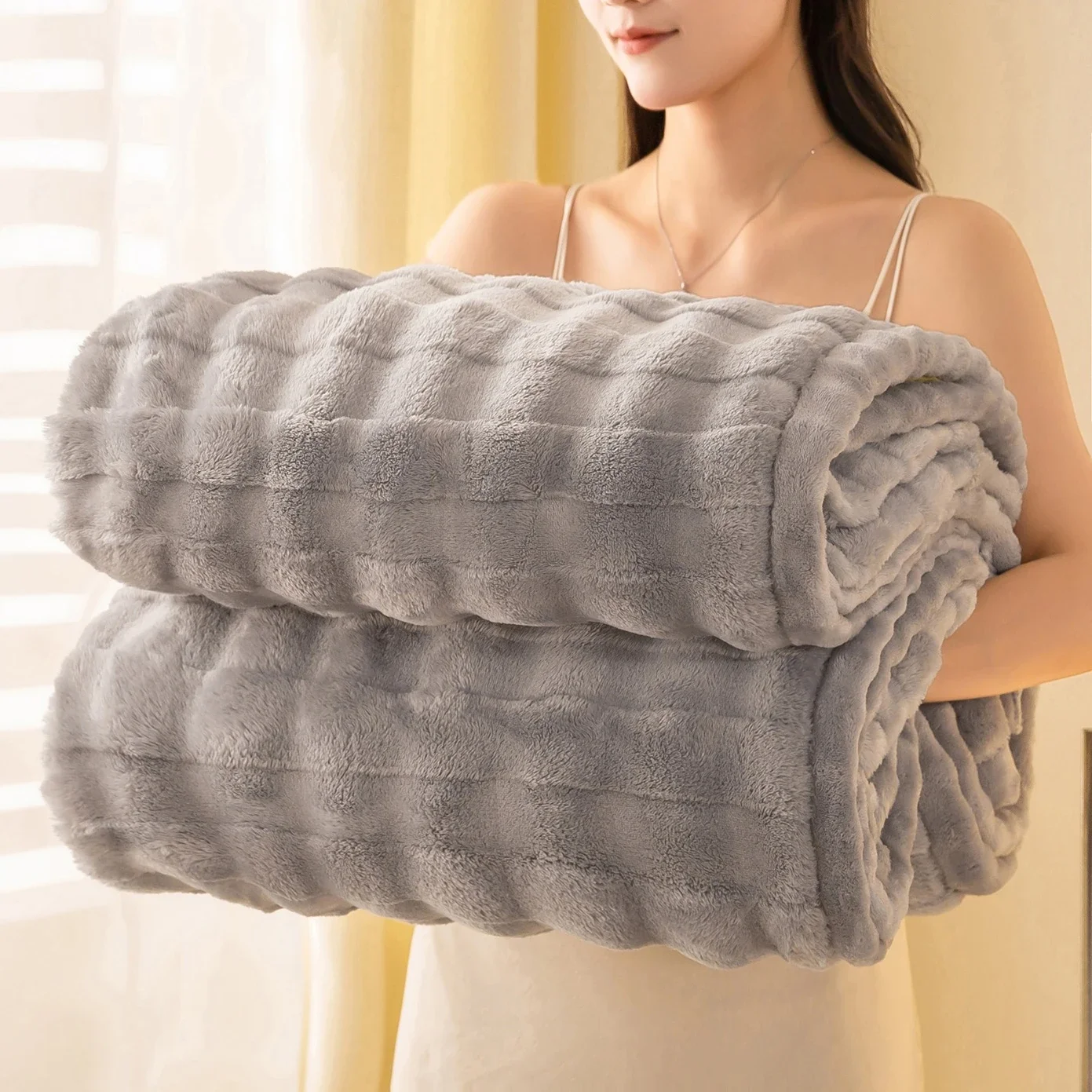 Soft Fluffy Artificial Rabbit Plush Blanket Autumn Winter Warm Fleece Throw Blankets for Sofa Bed Comfort Travel Camping Blanket