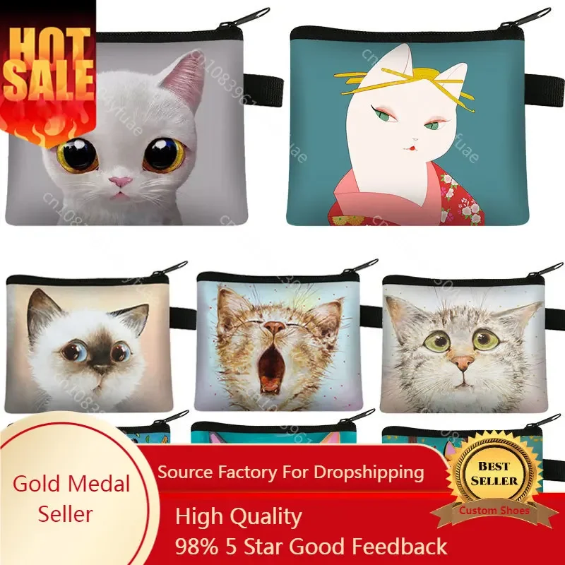 

New graffiti cat coin purses card holder Handmade Change purse zero wallets women clutch zipper coins bag pouch Cat Mini Wallet