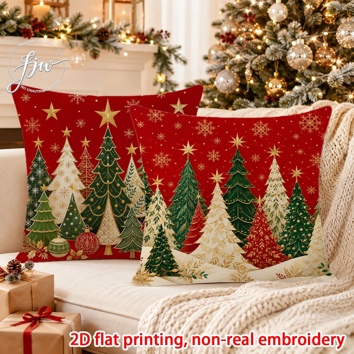 2pcs Christmas Decorative Throw Pillow Covers Red Gold Xmas Tree Snowflake Winter Holiday Cushion Cases for Sofa Couch Bed