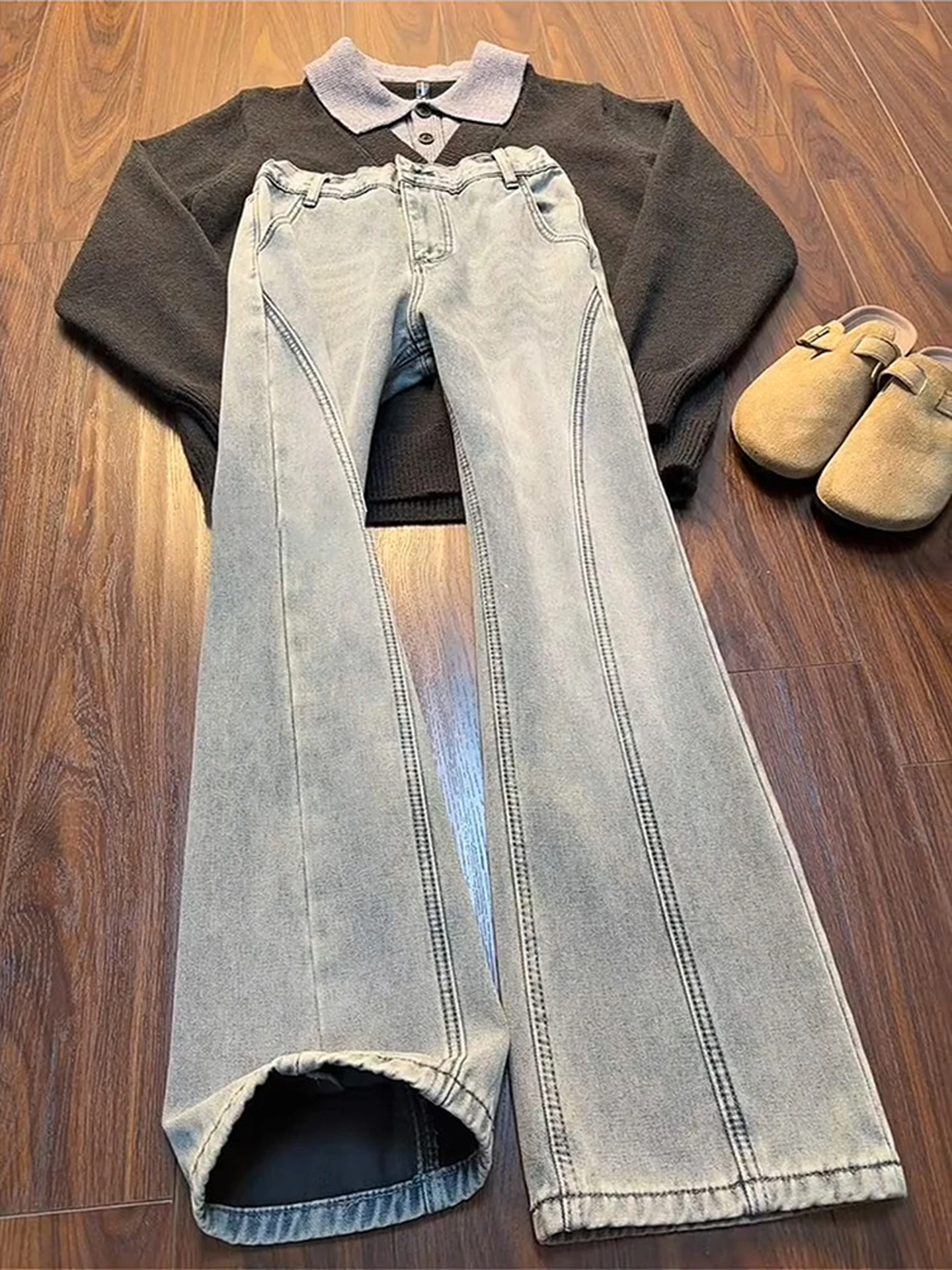 

Retro Blue High Waist Straight Leg Fce Lined Slim Fit Jeans Men's Autumn Winter American High Street Knife Jeans