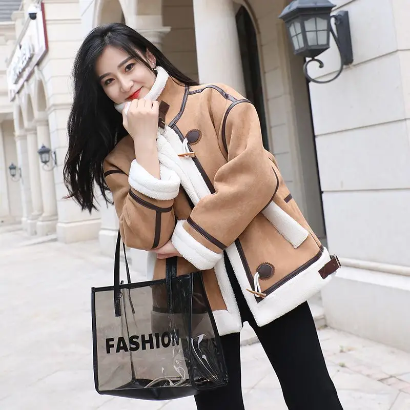 Autumn Winter New Granular Cashmere Lamb Wool Patchwork Motorcycle Coat Women Fashion Solid ColorThick Warm Faux Fur Clothing