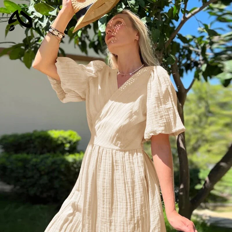 Original Muslin 100% Cotton Gauze Long Dress For Women Sexy V-Neck Sweet Puff Sleeve Bandage Chic Elegant Party Beach Sundress