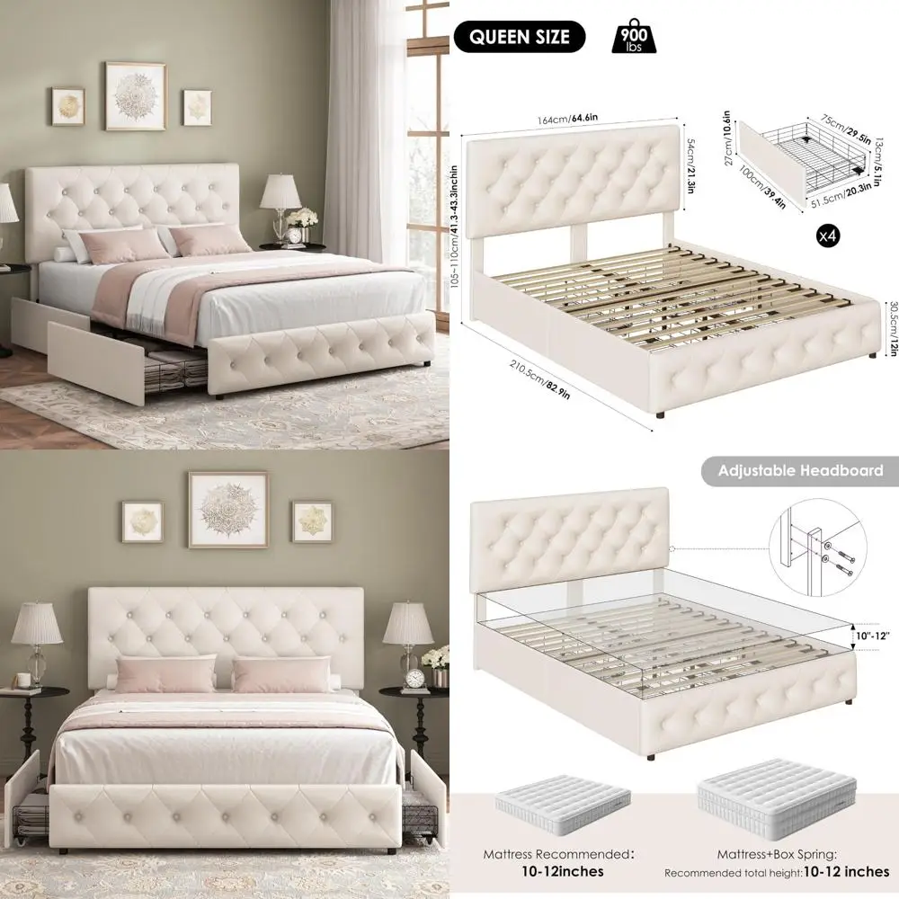 سرير منجد حديث مع أدراج تخزين، لوح رأسي معنقدة بأزرار، دعم شرائح خشبية، سهل التجميع