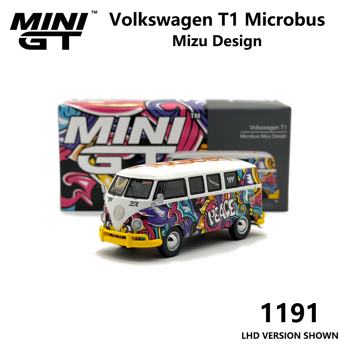 Быстрая доставка: Volkswagen T1 1:64 MiniGT 1191 Microbus MGT01191, дизайнерская версия Mizu, граффити Peace, леворульный, литой фургон, в наличии