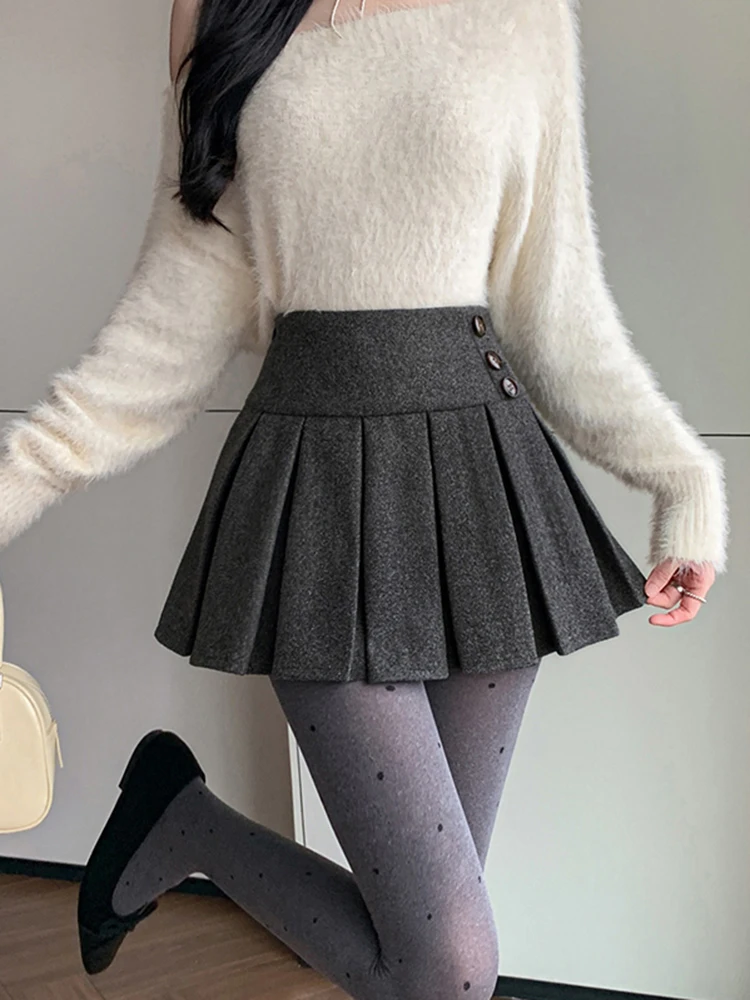 New Arrivals Vintage Winter Woolen Pleated Skirt Woman High Waist Casual Thicken Hot Sweet Jk Short Skirts Lady