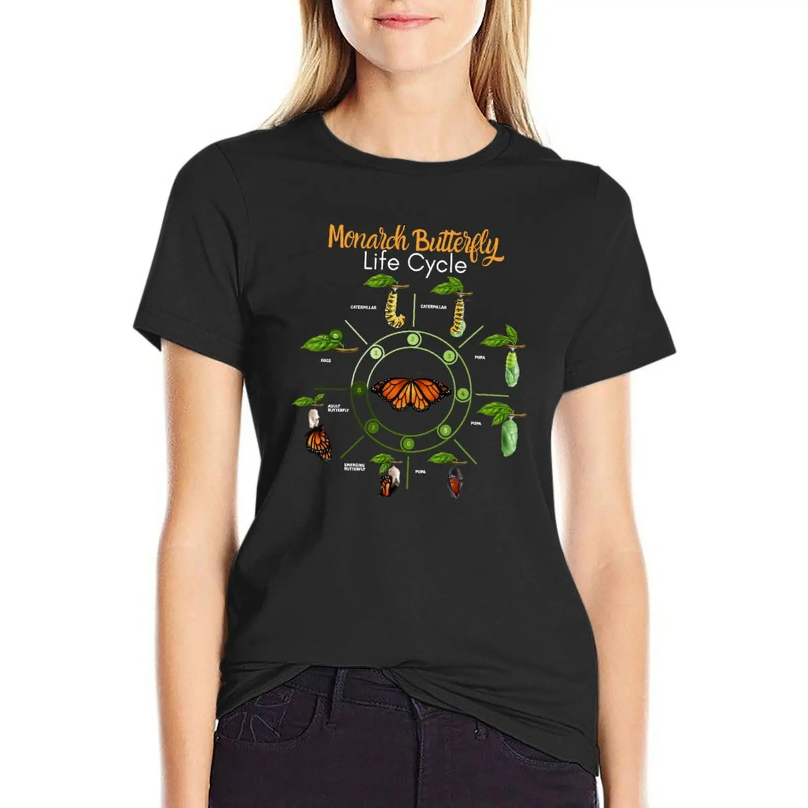 T-shirt do ciclo de vida da borboleta monarca para mulheres, tops plus size, camisetas cortadas, roupas hippie