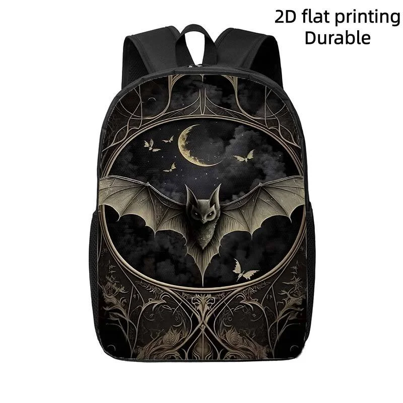 

A gothic bat crescent-patterned backpack with ornate borders - a lightweight, high-capacity schoolbag for daily commuting