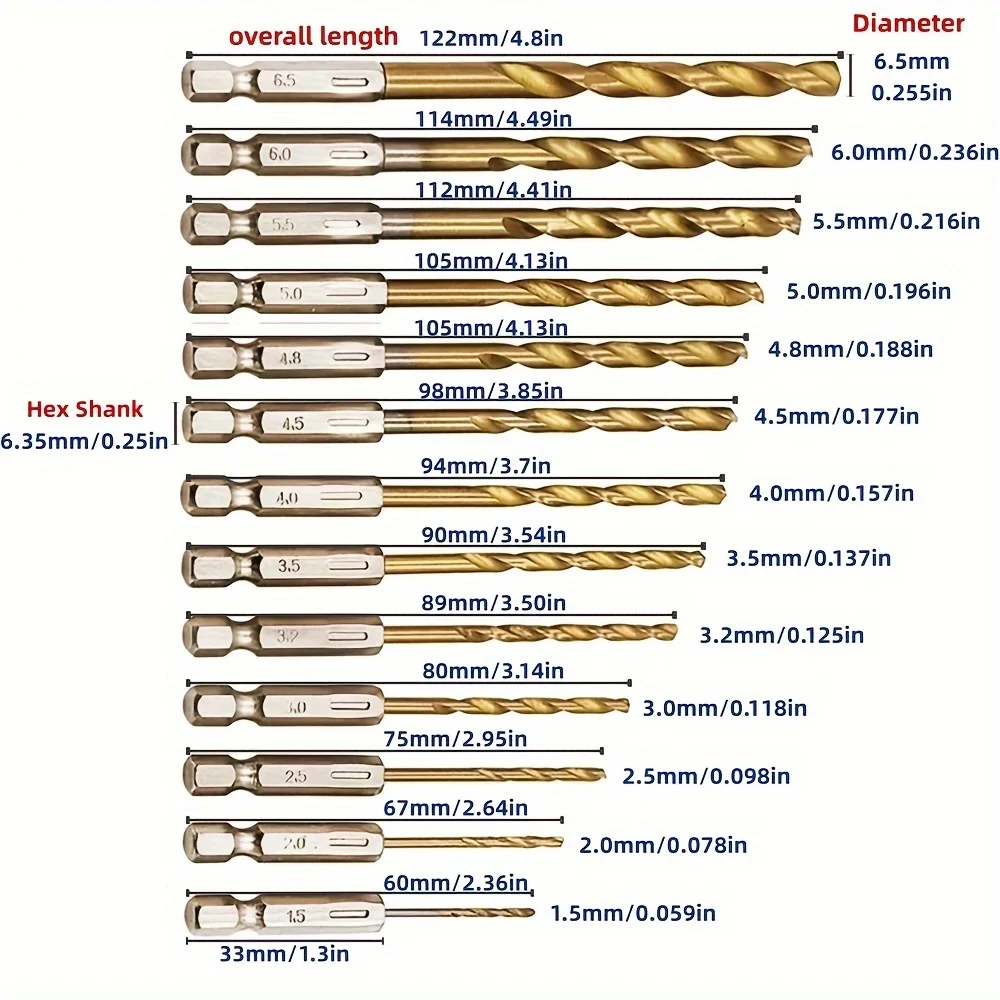 Hexagonal handle 13pc Titanium Twists drill 1.5-6.5mm electric drill screwdriver drilling reaming drill tool