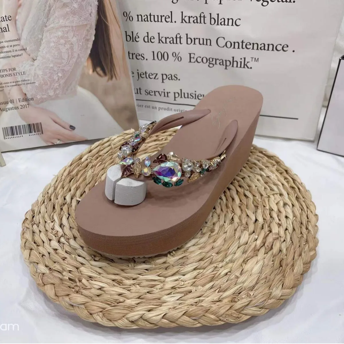 Zapatos de playa, zapatillas, chanclas de goma suave, toboganes bajos en una cuña, Sabot, comodidad, tela hawaiana, Roma, PU, TPR, tacones bajos