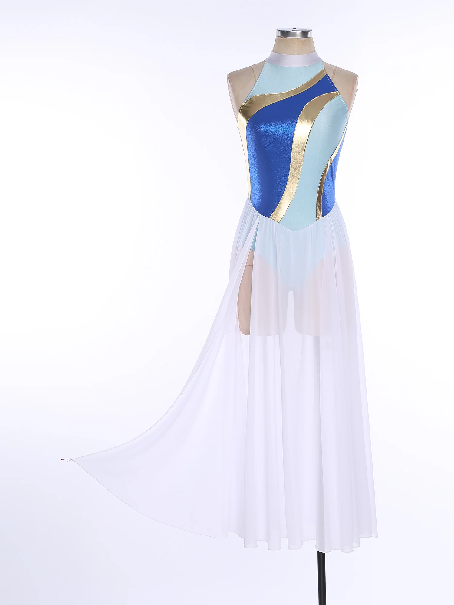 Vestido lírico para mujer, vestidos contemporáneos, cuello halter, sin mangas, superposición de gasa, falda larga, traje de baile de rendimiento