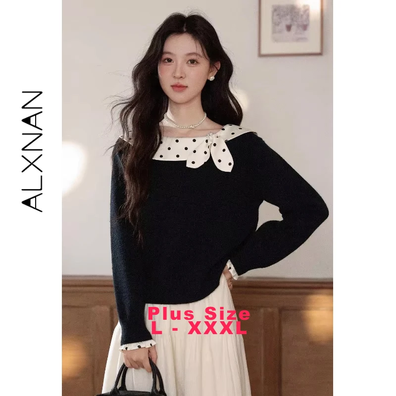 

ALXNAN Plus Size Black Pullover Polka Dot Patchwork Bow Tie Regular Shoulder Knit Sweater Fashionable Autumn Layering Top D58657