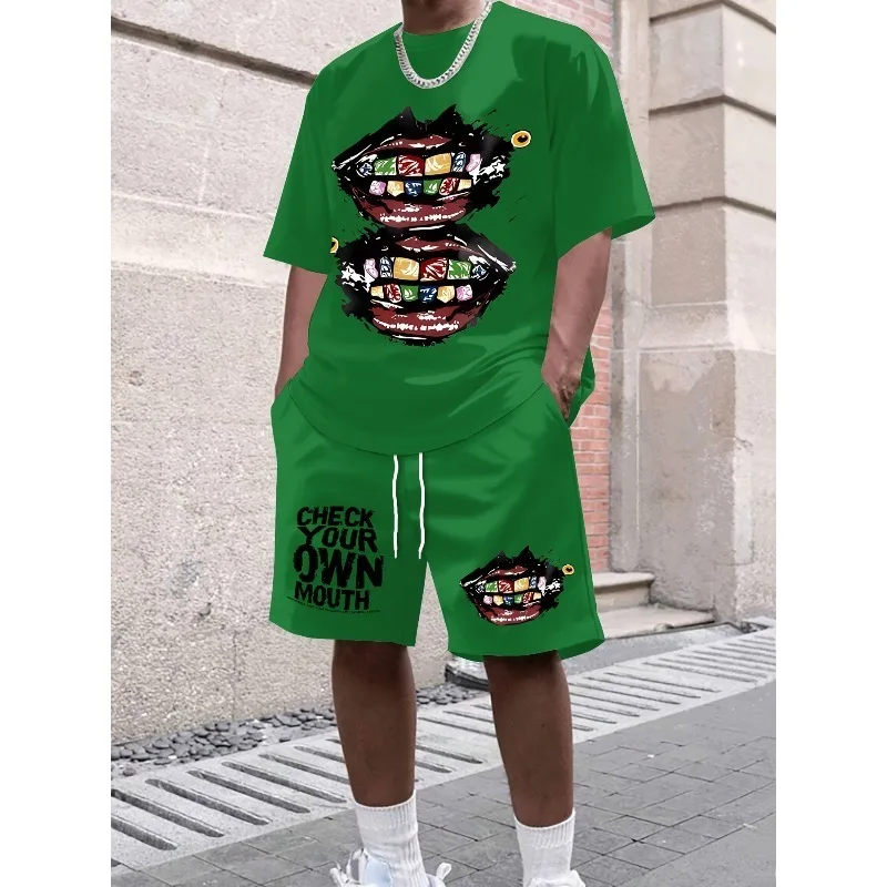 

2025 забавная мужская повседневная футболка с 3D узором и шортами, комплект повседневного спорта на открытом воздухе, уличного полиэфирного волокна, летняя модная тенденция
