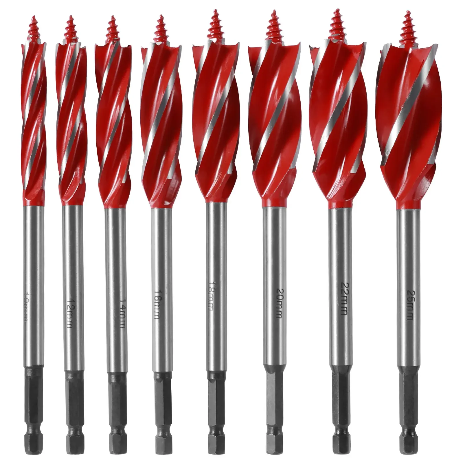 

8PCS Wood Auger Drill Bit Set High-Carbon Steel 4 Flute Cut Drilling Bit Kit 10-25mm Self-Tapping Hex Shank Wood Hole Drill Bit