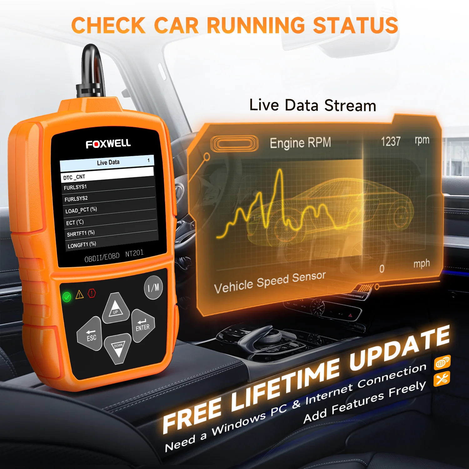 Foxwell NT201 OBD2 Automotive Diagnostic Tool Professional Code Reader Scanner Check Engine Multi-Language Free Update pk ELM327