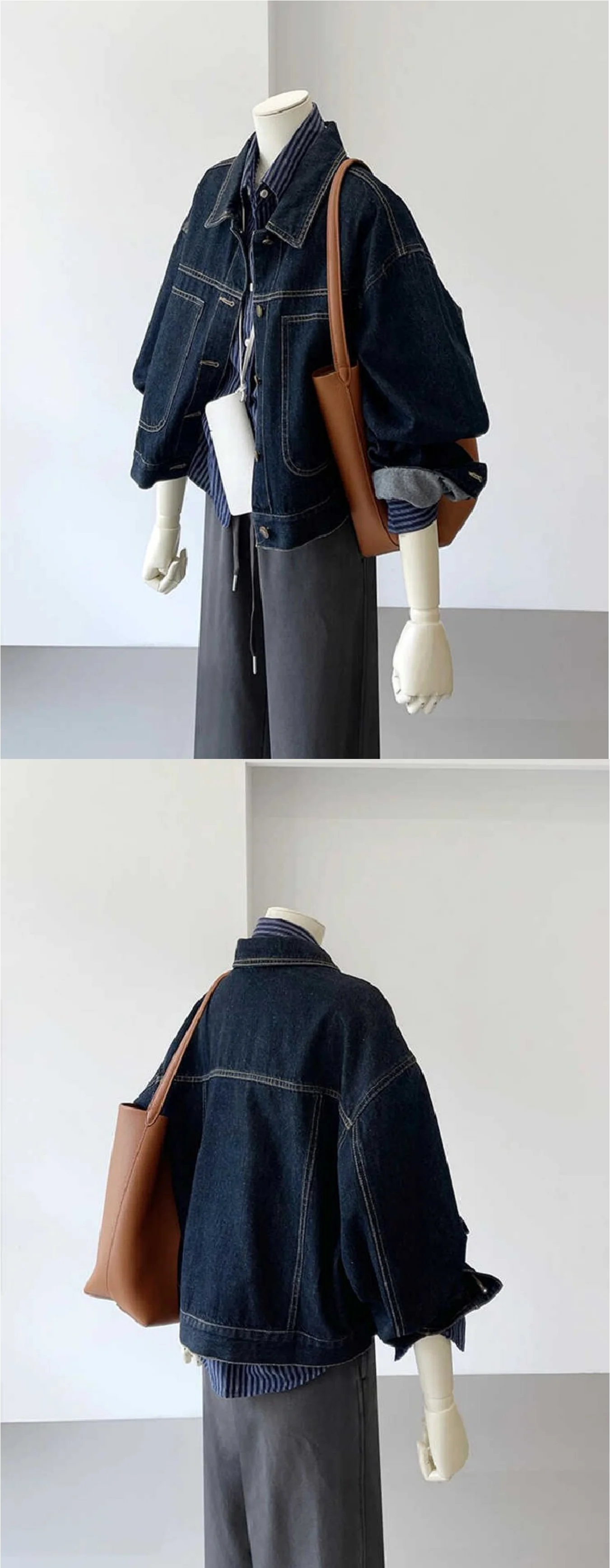 Damen Herbst- und Winterjacke im Hongkong-Stil, Marineblauer Revers-Mantel, BF-Style Locker Sitzende Retro-Arbeitsjacke, Lässiger Koreanischer Stil Gewaschener Denim-Oberteil – Detail 2