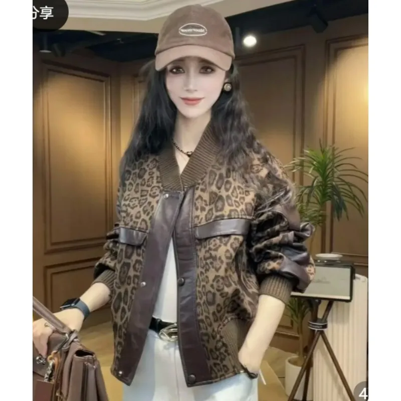 

Модный уличный топ с леопардовым принтом, осенне-зимнее новое пальто, удобная хлопковая бейсбольная рубашка, кожаная куртка для женщин